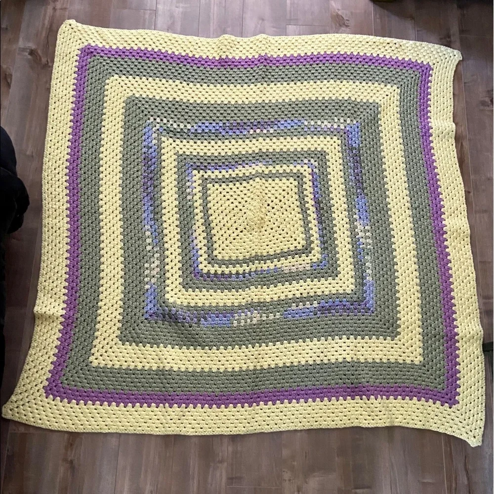 Beautiful Hand Crocheted Blanket Throw in Yellows, Greens and Blues